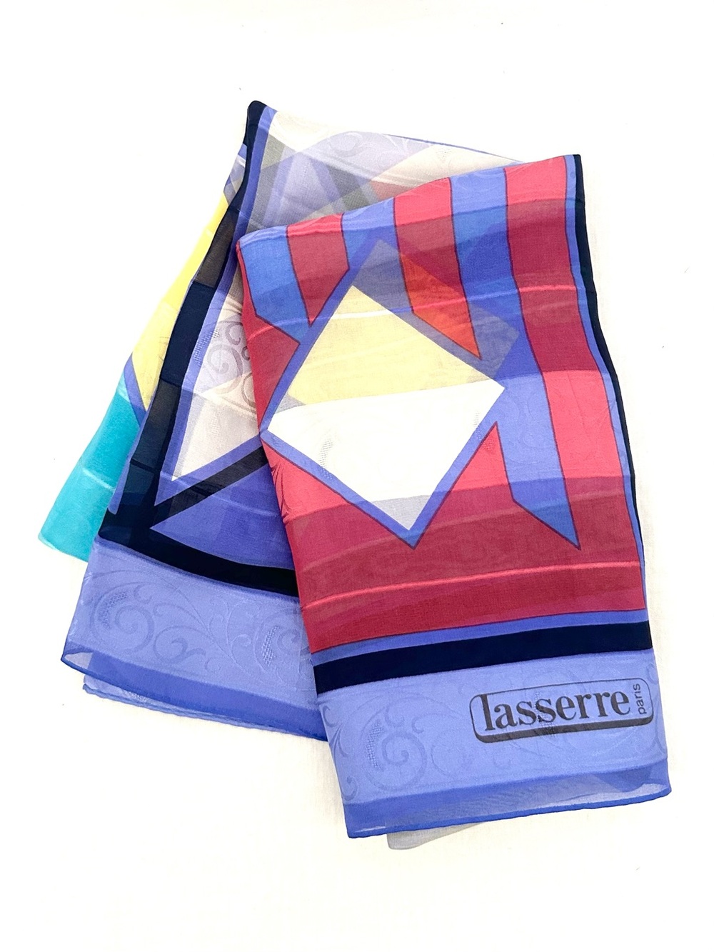 Lasserre Paris Vintage Silk Scarf in Blue, Red & Teal Geometric Pattern
